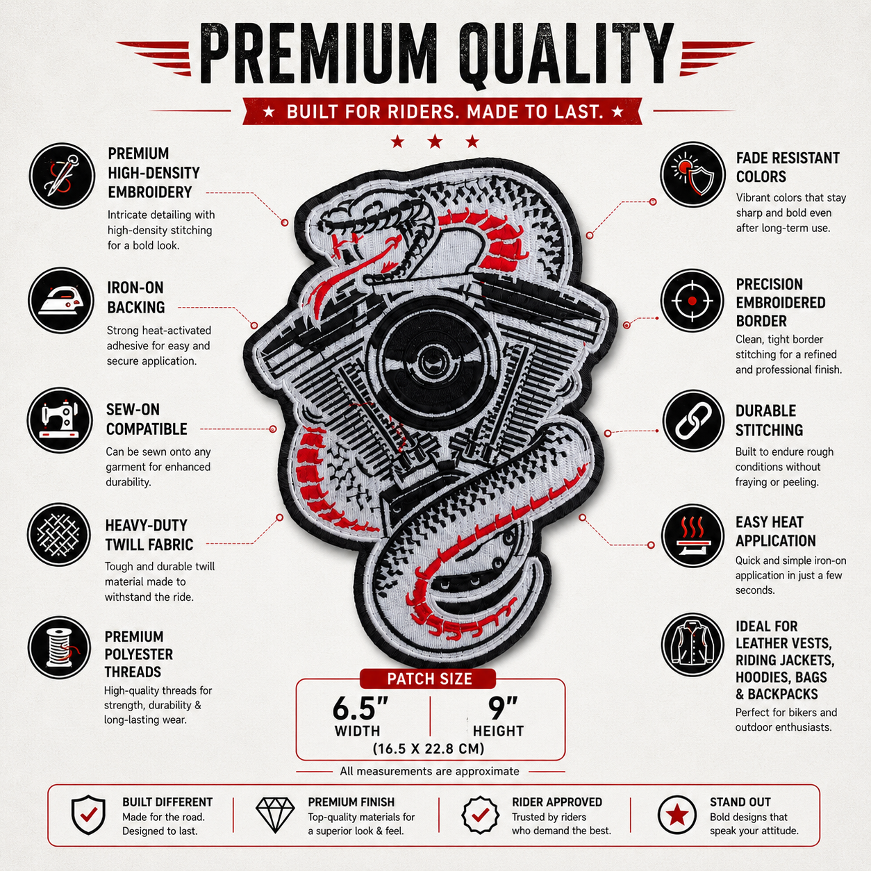 Snake Logo Back Premium Embroidered Patch | Iron-On & Sew-On | 9 × 6.5 Inches