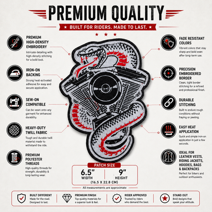 Snake Logo Back Premium Embroidered Patch | Iron-On & Sew-On | 9 × 6.5 Inches