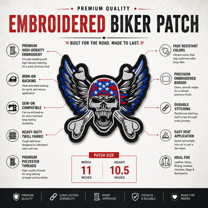 Skull With Wings Back Premium Embroidered Patch | Iron-On & Sew-On | 10.5 × 11 Inches