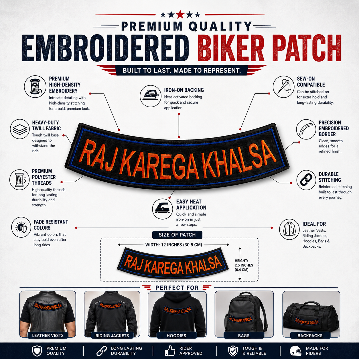 Raj Karega Khalsa Back Premium Embroidered Patch | Iron-On & Sew-On | 2.5 × 12 Inches