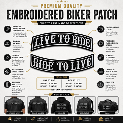 Live To Ride Ride To Live Back Premium Embroidered Patch | Iron-On & Sew-On | 3 × 14 Inches