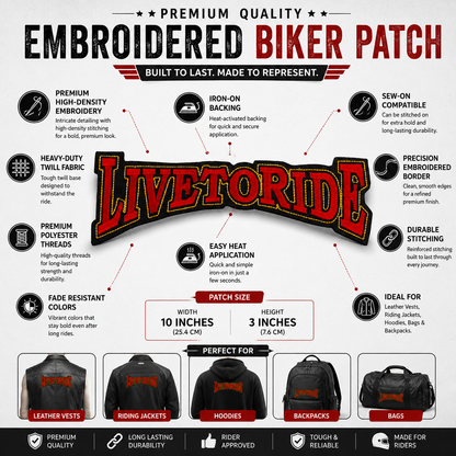 Live To Ride Back Premium Embroidered Patch | Iron-On & Sew-On | 3 × 10 Inches