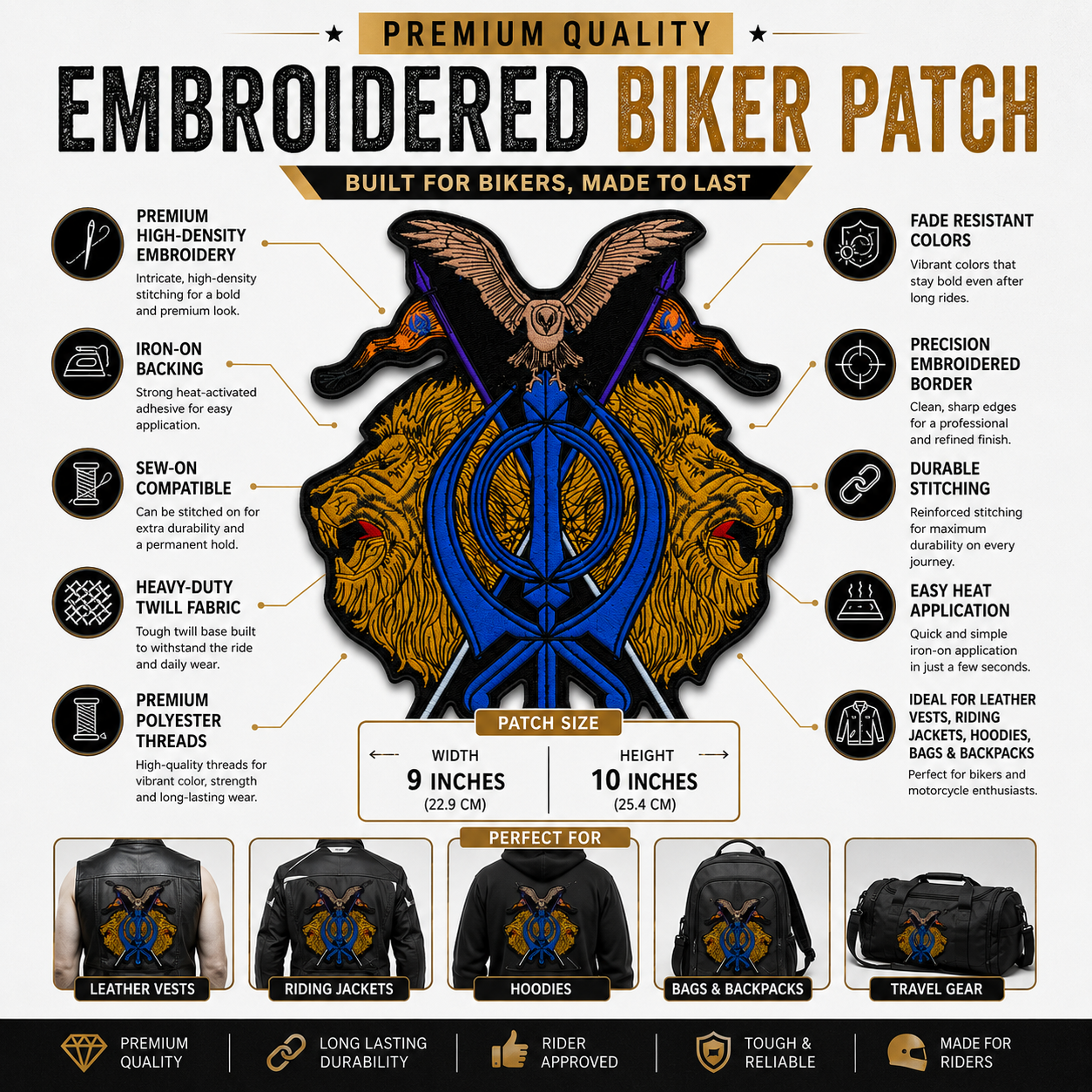 Lion With Khanda Back Premium Embroidered Patch | Iron-On & Sew-On | 10 × 9 Inches