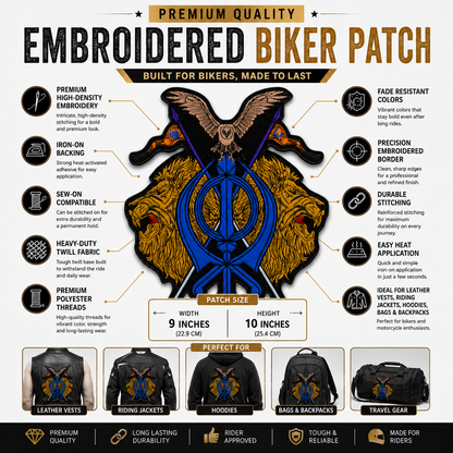 Lion With Khanda Back Premium Embroidered Patch | Iron-On & Sew-On | 10 × 9 Inches