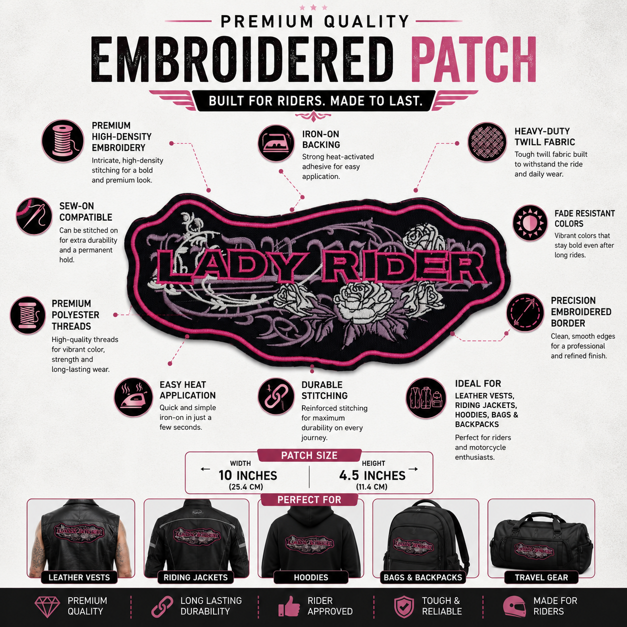 Lady Rider Back Premium Embroidered Patch | Iron-On & Sew-On | 10 × 4.5 Inches