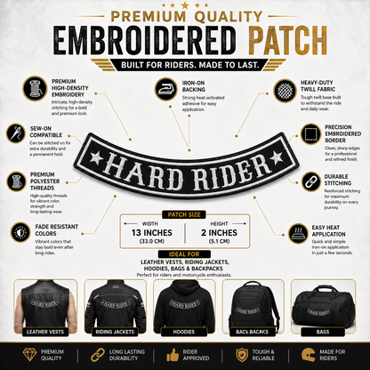 Hard Rider Back Premium Embroidered Patch | Iron-On & Sew-On | 2 × 13 Inches