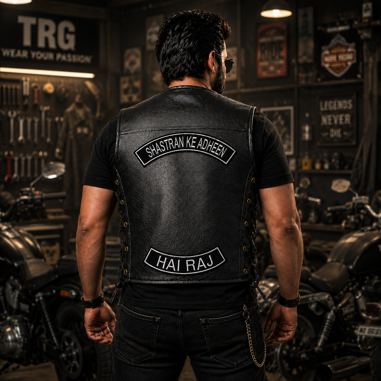 Shastran Ke Adheen Back Premium Embroidered Biker Patch | Iron-On & Sew-On | 14 × 2.8 Inches