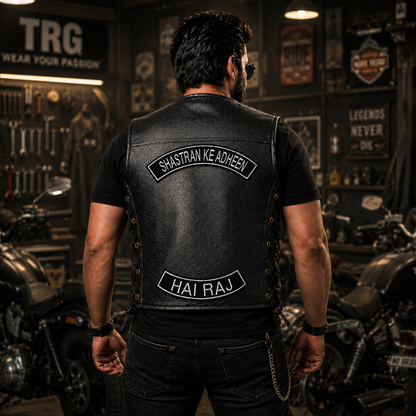 Shastran Ke Adheen Back Premium Embroidered Biker Patch | Iron-On & Sew-On | 14 × 2.8 Inches