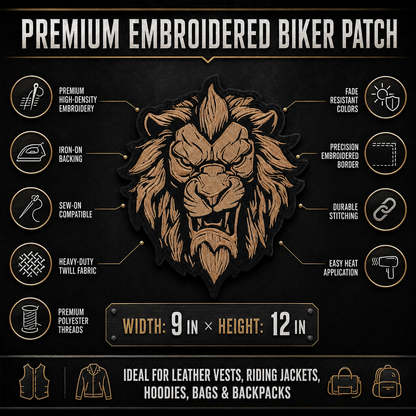 Lion Sand Back Premium Embroidered Patch | Iron-On & Sew-On | 12 × 9 Inches