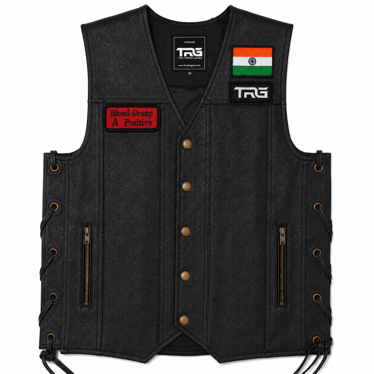 A Positive Blood Group embroidered patch displayed on black leather biker vest with Indian flag and TRG patch