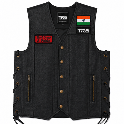 A Positive Blood Group embroidered patch displayed on black leather biker vest with Indian flag and TRG patch
