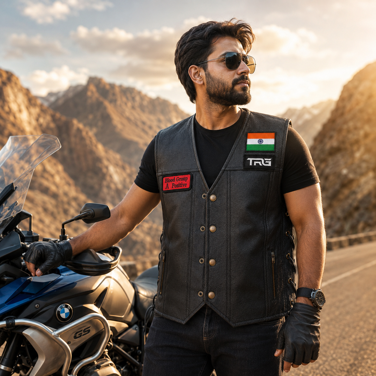 A Positive Blood Group embroidered patch worn on black leather biker vest beside adventure motorcycle in mountain setting