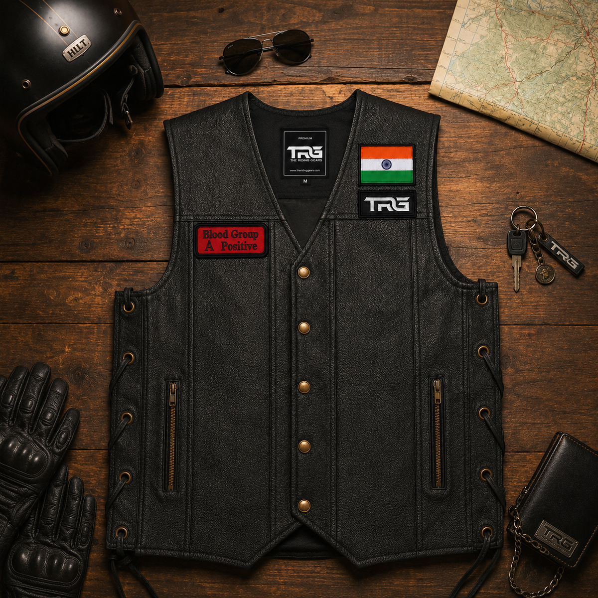 A Positive Blood Group embroidered patch displayed on black leather motorcycle vest with premium riding accessories