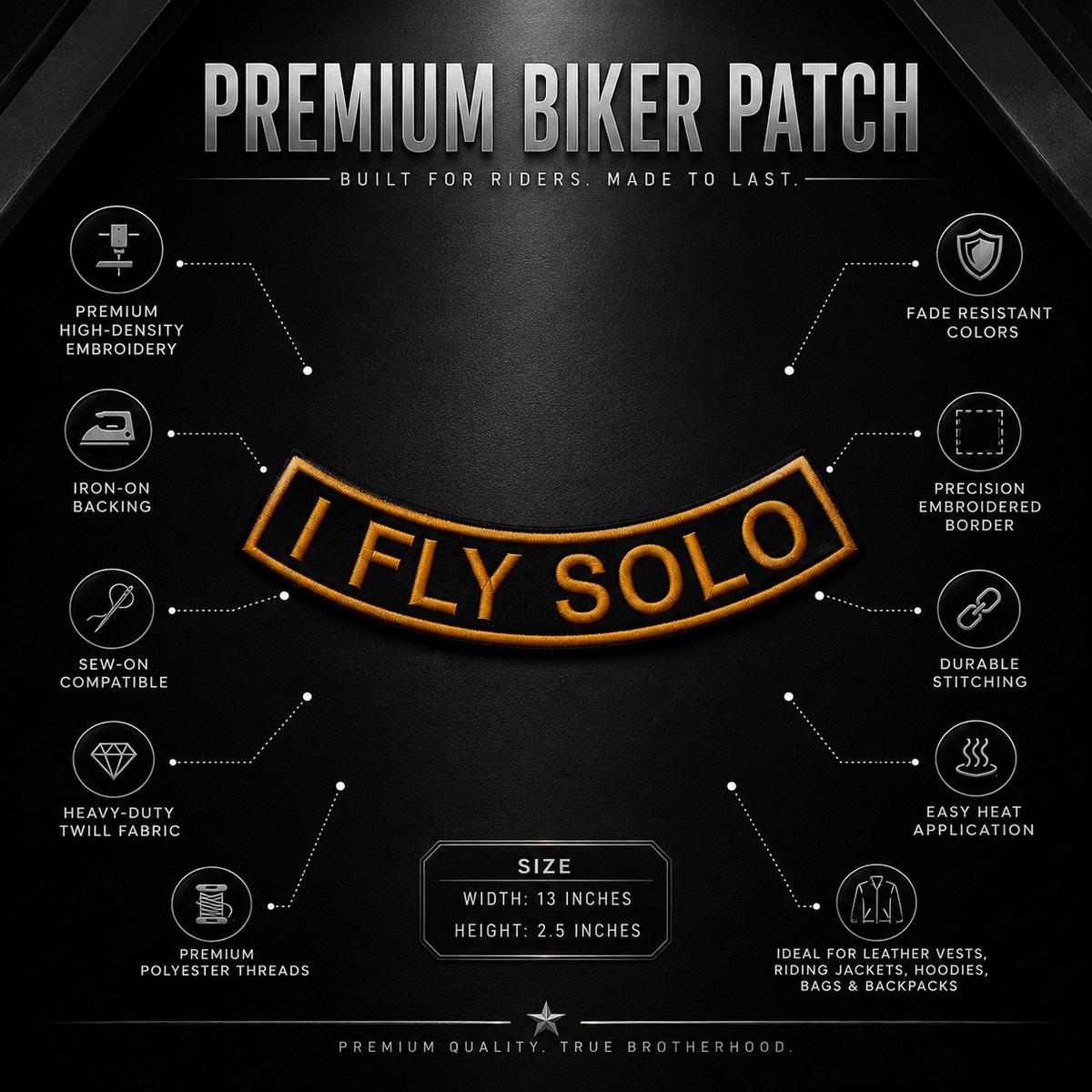 I Fly Solo Back Premium Embroidered Patch | Iron-On & Sew-On | 2.5 × 13 Inches