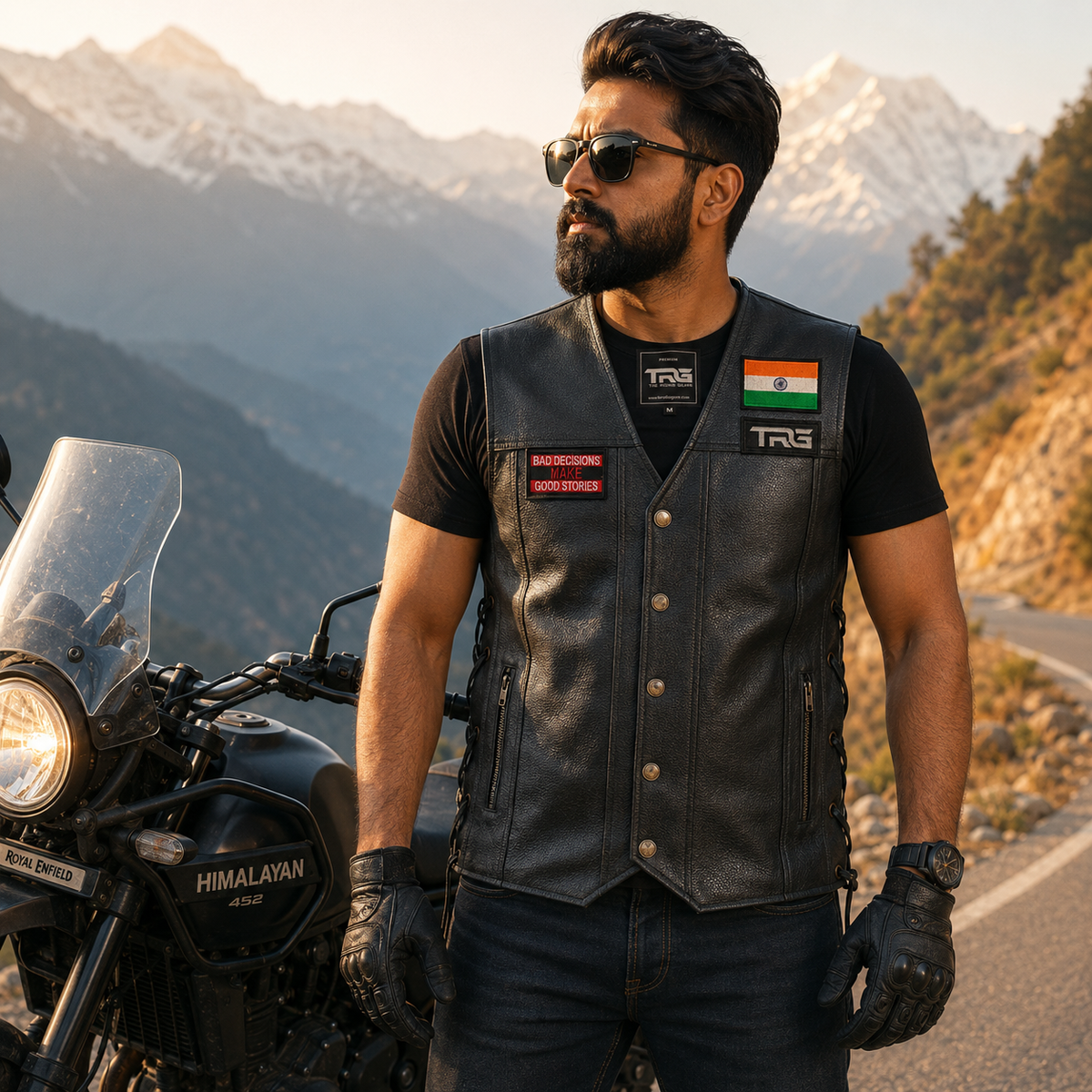 Bad Decisions Make Good Stories biker patch worn on leather riding vest in mountains