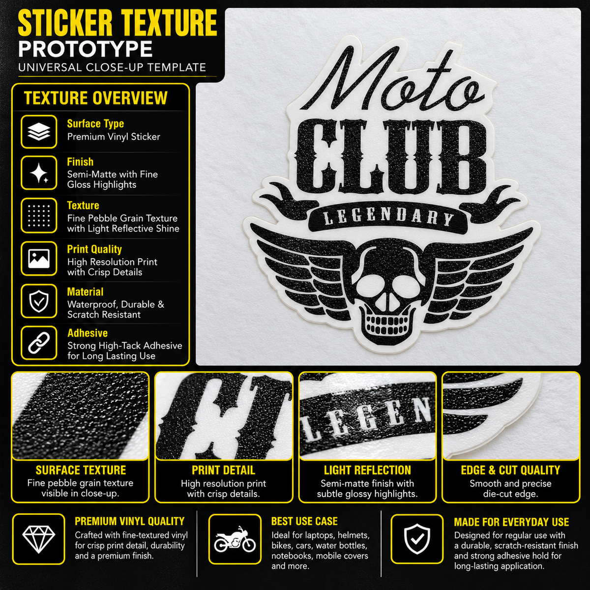 Moto Club Legendary biker sticker texture infographic showing premium vinyl, semi-matte finish, fine pebble grain, crisp print and die-cut edge