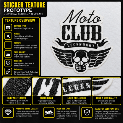 Moto Club Legendary biker sticker texture infographic showing premium vinyl, semi-matte finish, fine pebble grain, crisp print and die-cut edge