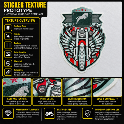 Motorbike with Winged Horse Logo premium vinyl sticker texture infographic showing semi-matte finish, crisp print detail and die-cut edge