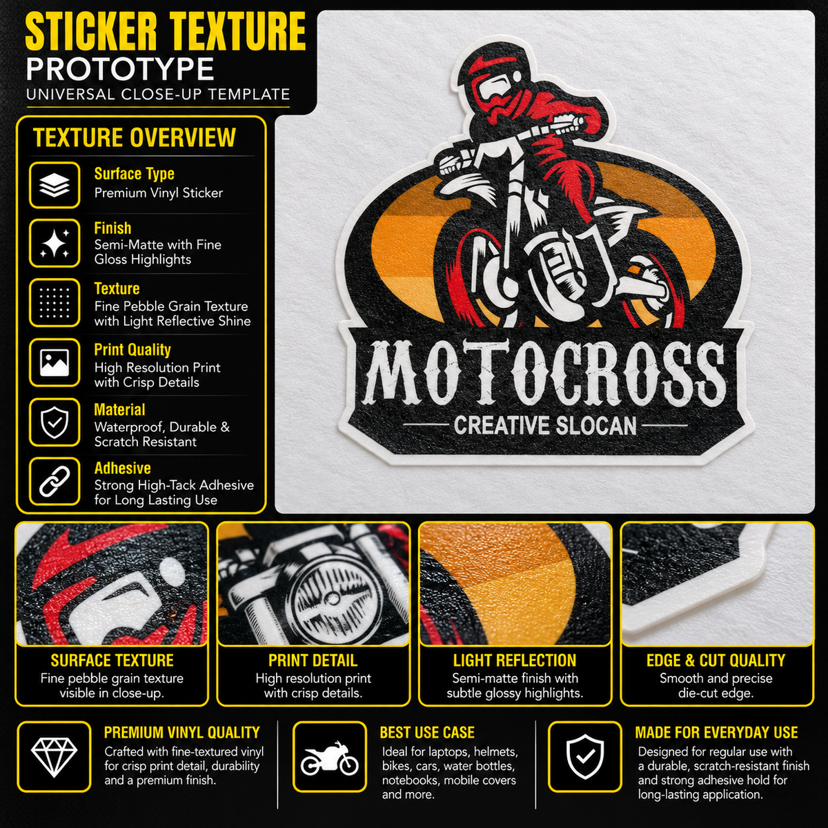 Motocross Creative Slocan premium vinyl sticker texture infographic showing semi-matte finish, crisp print detail and die-cut edge