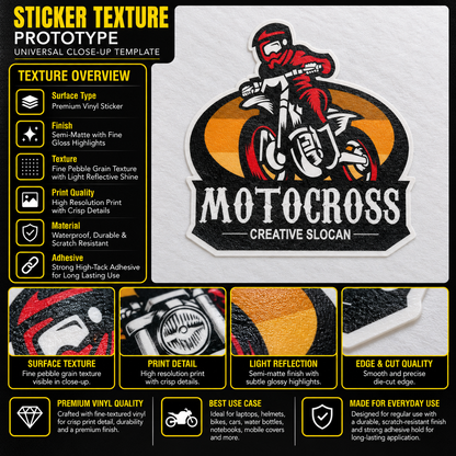 Motocross Creative Slocan premium vinyl sticker texture infographic showing semi-matte finish, crisp print detail and die-cut edge