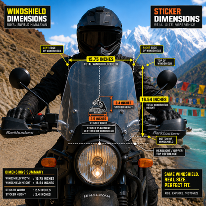 Motocross Xtreme Club sticker size infographic showing 2.5 x 2.4 inch dirt bike sticker centered on Royal Enfield Himalayan windshield