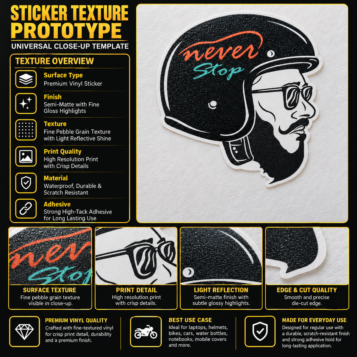 Never Stop biker premium vinyl sticker texture infographic showing semi-matte finish, print detail, surface texture and die-cut edge quality