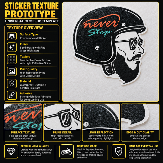 Never Stop biker premium vinyl sticker texture infographic showing semi-matte finish, print detail, surface texture and die-cut edge quality