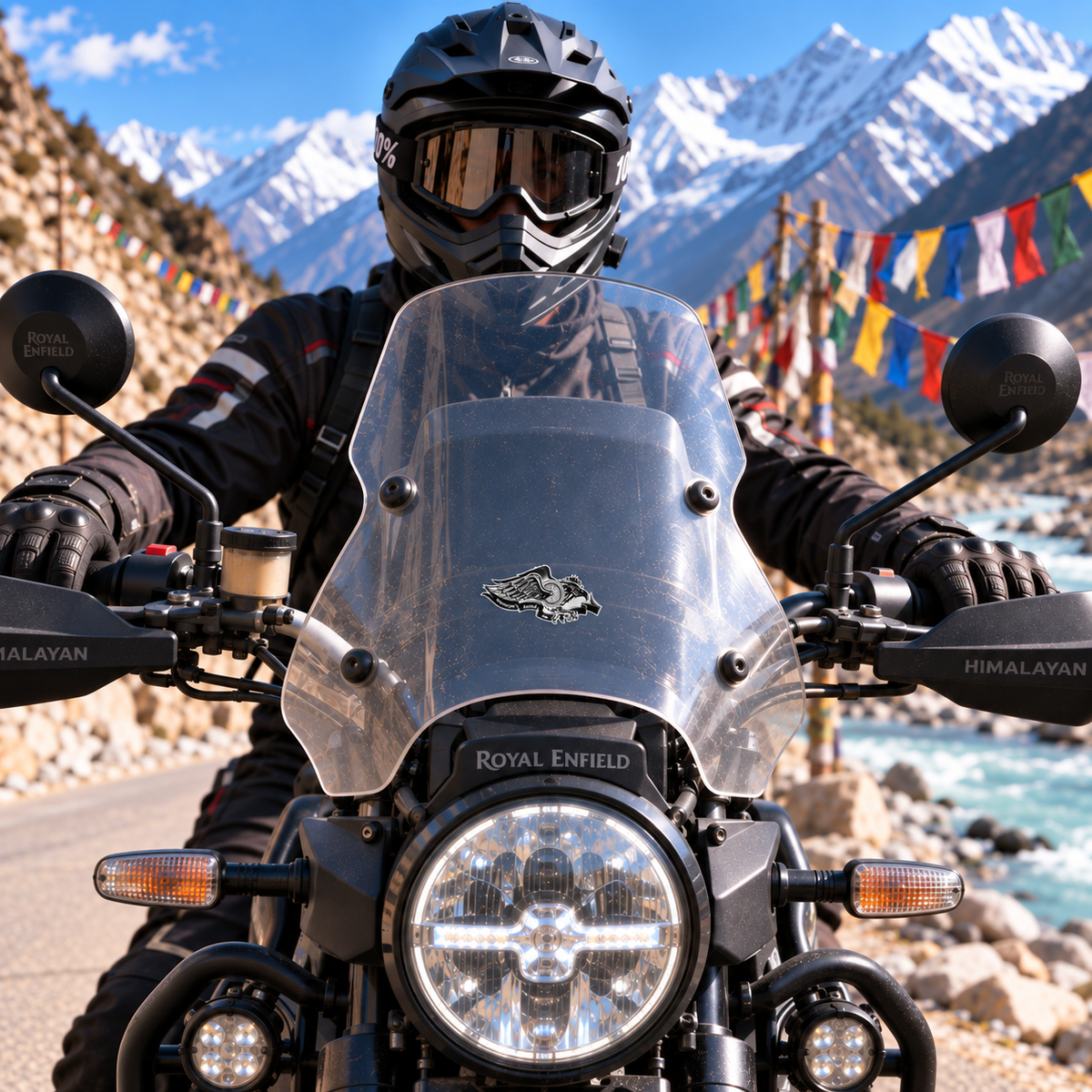 Motorcycle Annual Fest eagle sticker displayed on Royal Enfield Himalayan windshield during a Himalayan motorcycle ride