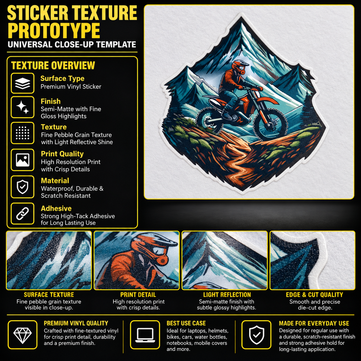 Racing Biker on Hill premium vinyl sticker texture infographic showing print detail, semi-matte finish and die-cut edge quality