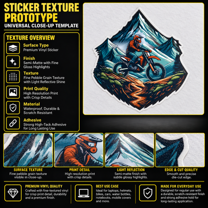 Racing Biker on Hill premium vinyl sticker texture infographic showing print detail, semi-matte finish and die-cut edge quality