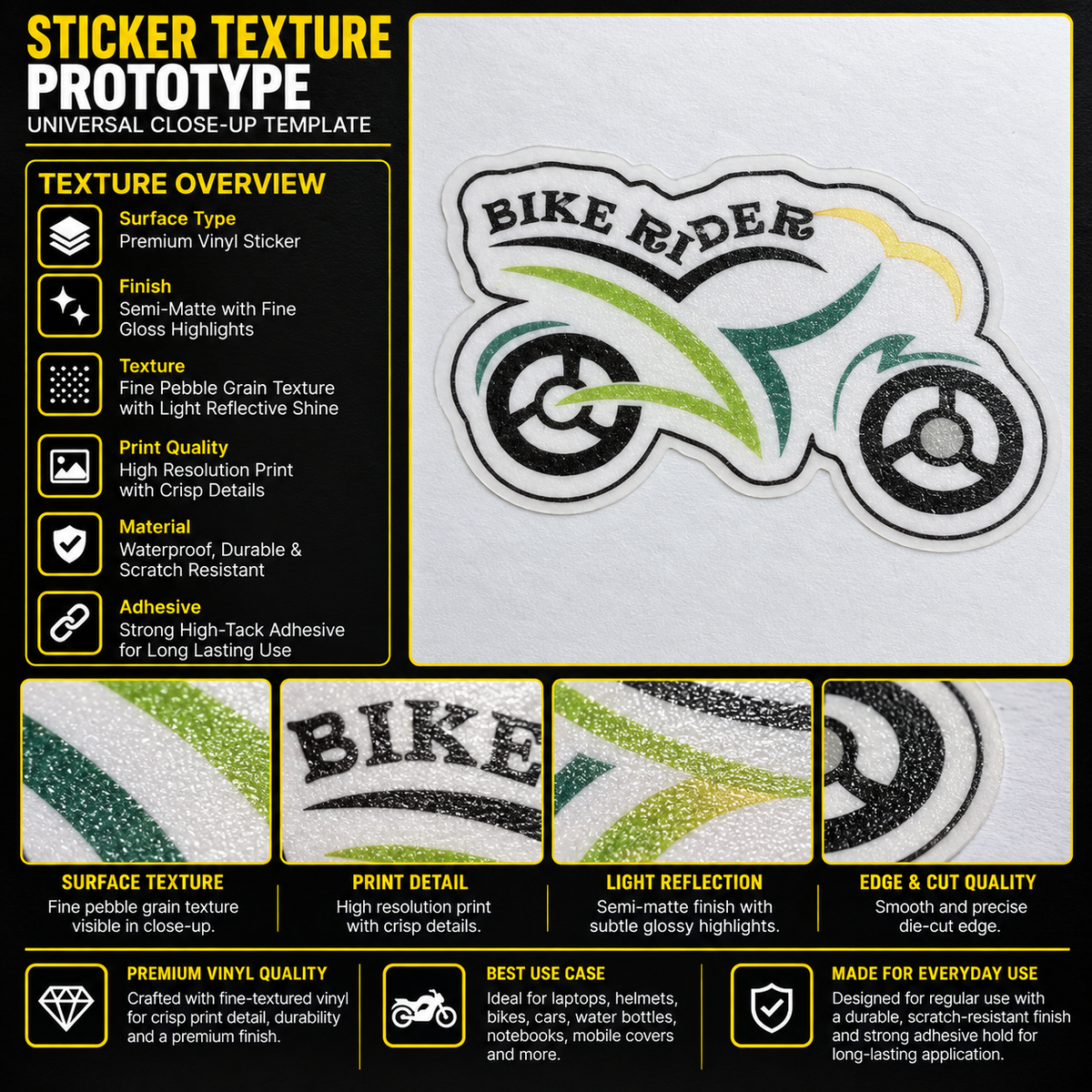 Bike Rider Bike Shape premium vinyl sticker showing fine pebble grain texture, semi-matte finish, crisp print detail and precision die-cut edge