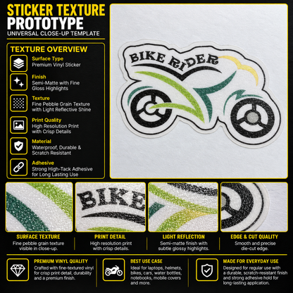 Bike Rider Bike Shape premium vinyl sticker showing fine pebble grain texture, semi-matte finish, crisp print detail and precision die-cut edge