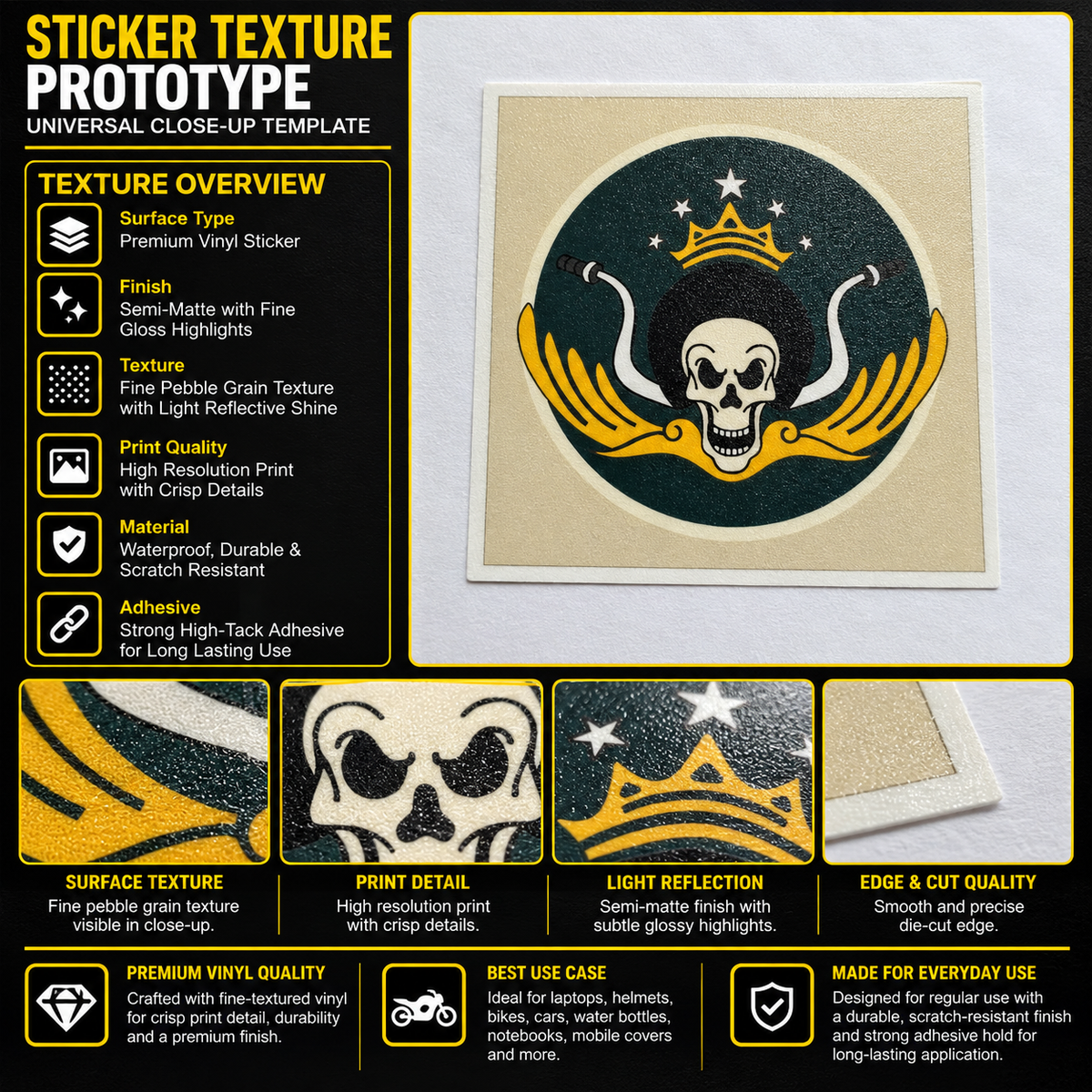 Skeleton King Fell Sticker premium vinyl texture infographic showing print detail, semi-matte finish, surface texture and die-cut quality