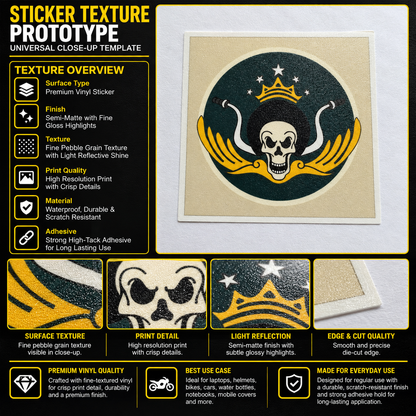 Skeleton King Fell Sticker premium vinyl texture infographic showing print detail, semi-matte finish, surface texture and die-cut quality