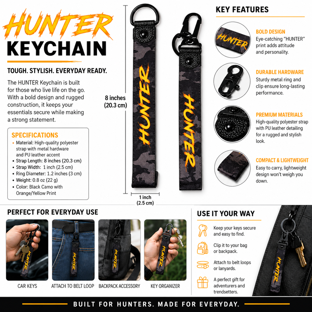 Hunter motorcycle keychain 8 x 1 inch with metal clip, key ring, polyester strap and PU leather detailing