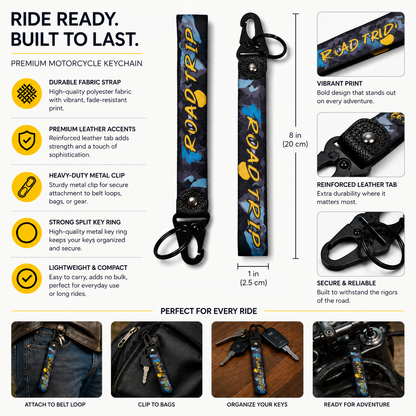 Road Trip motorcycle keychain 8 x 1 inch with fabric strap metal clip key ring and features