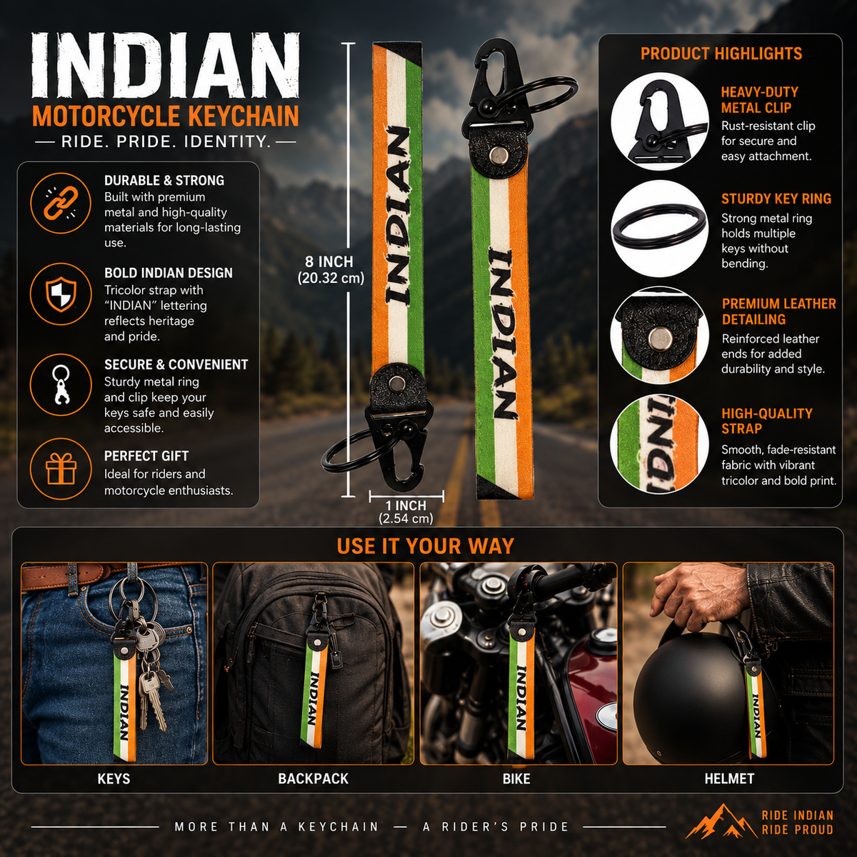 Indian motorcycle keychain 8 x 1 inch features tricolor strap metal clip key ring and leather detailing