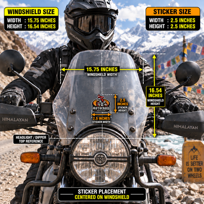 Motocross Creative Slocan sticker size infographic showing 2.5 x 2.5 inch dirt bike sticker centered on Royal Enfield Himalayan windshield