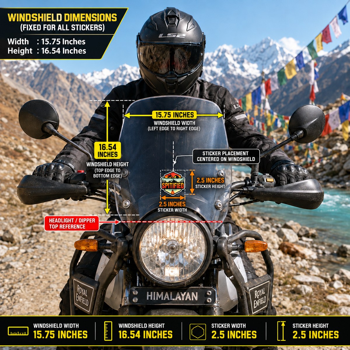 Spitified motorcycle sticker 2.5 x 2.5 inch size with 15.75 x 16.54 inch motorcycle windshield dimensions and placement infographic