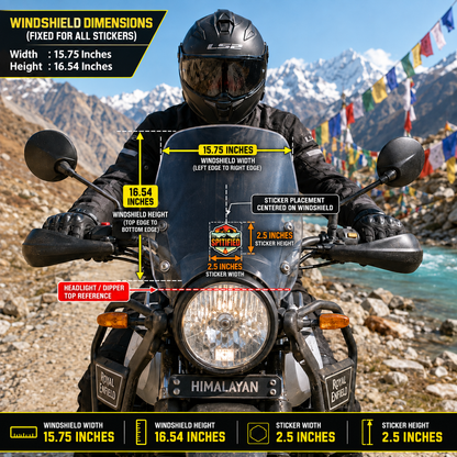 Spitified motorcycle sticker 2.5 x 2.5 inch size with 15.75 x 16.54 inch motorcycle windshield dimensions and placement infographic