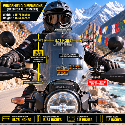 Motorcycle Annual Fest sticker size infographic showing 2.5 x 1.2 inch sticker centered on 15.75 x 16.54 inch motorcycle windshield