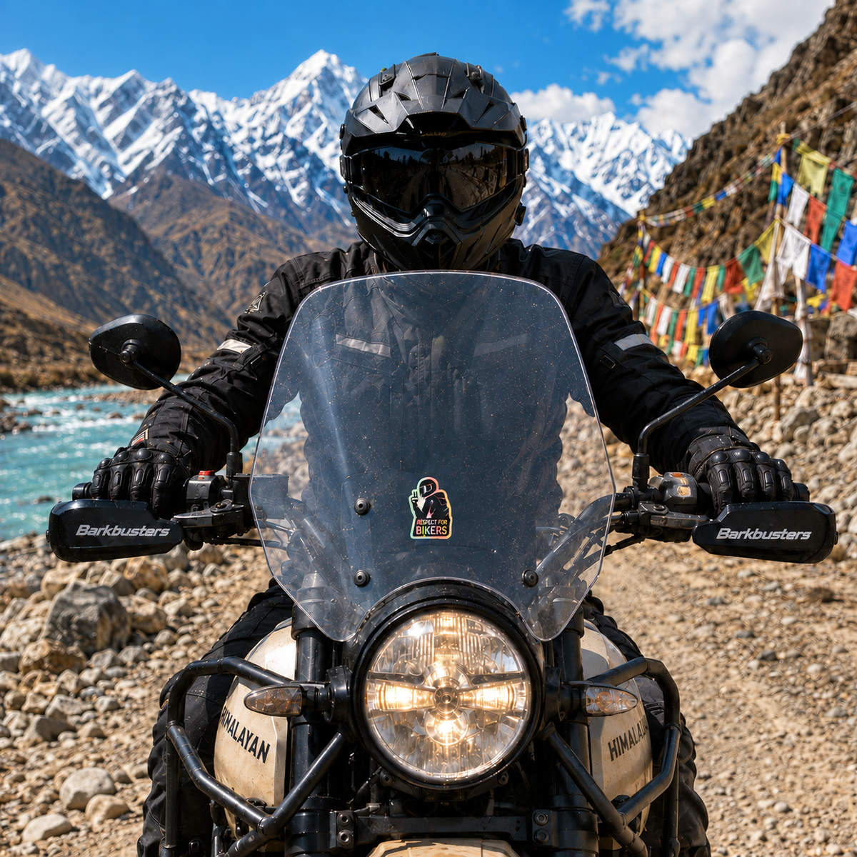 Respect for Bikers Motorcycle Sticker displayed on an adventure bike windshield during a Himalayan mountain ride
