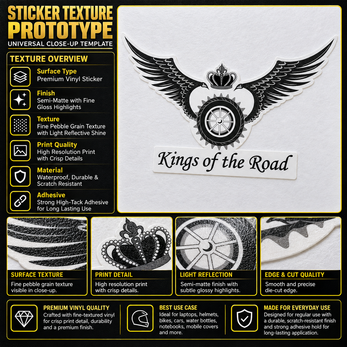 King of the Road sticker texture infographic showing premium vinyl, semi-matte finish, fine pebble grain and crisp print details