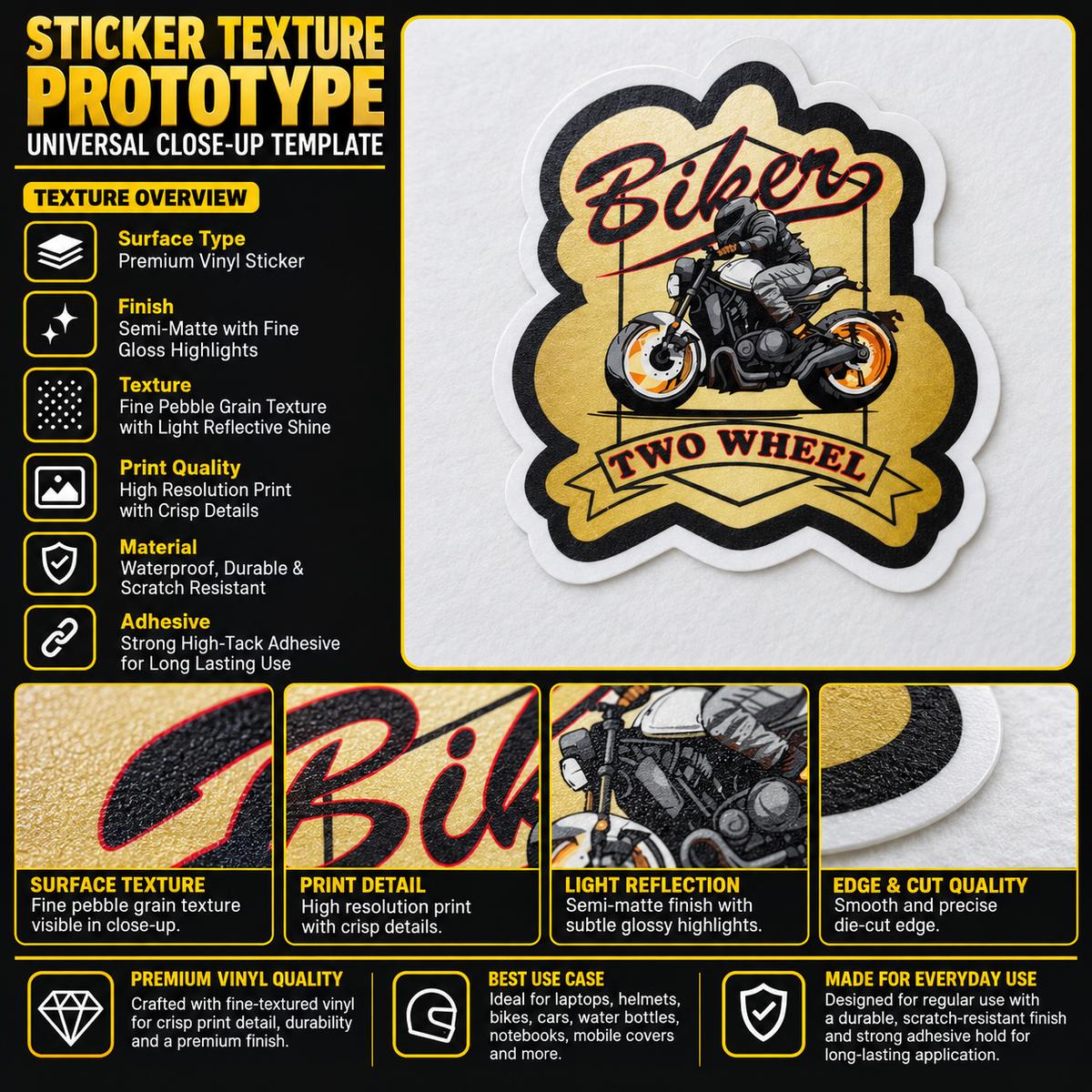 Biker Two Wheel colorful premium vinyl sticker showing fine pebble grain texture, semi-matte finish, crisp print detail and precision die-cut edge