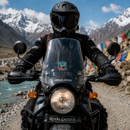 Lovers of the Sun motorcycle sticker centered on Royal Enfield Himalayan windshield in scenic Himalayan mountain riding setting
