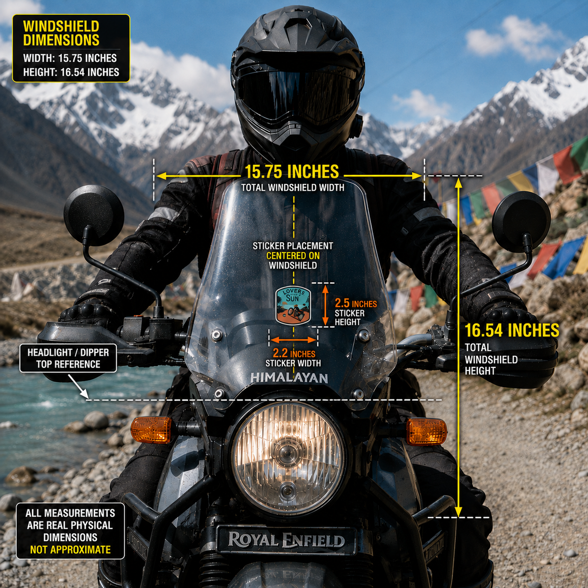Lovers of the Sun sticker size and placement infographic showing 2.2 inch width and 2.5 inch height on 15.75 x 16.54 inch motorcycle windshield