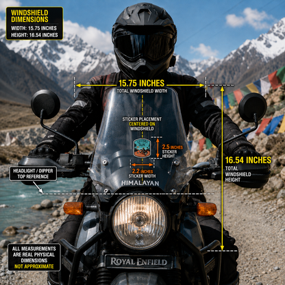 Lovers of the Sun sticker size and placement infographic showing 2.2 inch width and 2.5 inch height on 15.75 x 16.54 inch motorcycle windshield