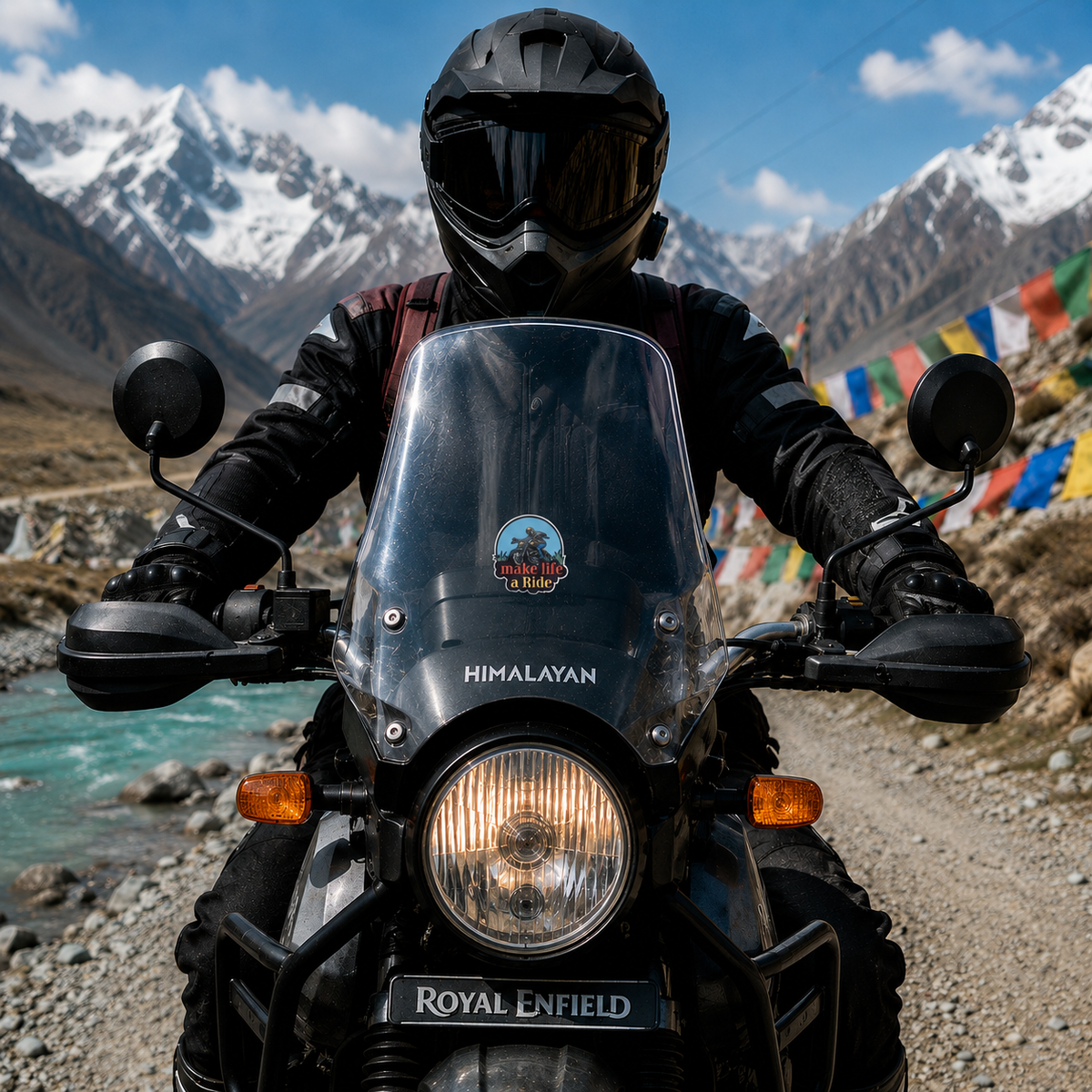Make Life a Ride motorcycle sticker centered on Royal Enfield Himalayan windshield in scenic Himalayan mountain riding setting