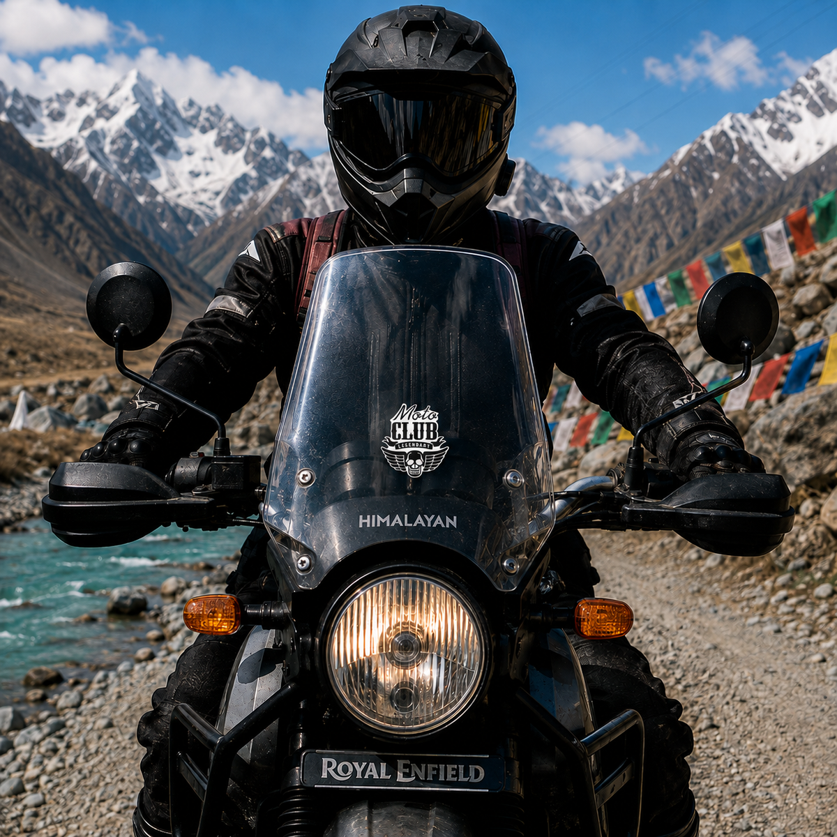 Moto Club Legendary skull wings sticker centered on Royal Enfield Himalayan motorcycle windshield in Himalayan mountain riding setting
