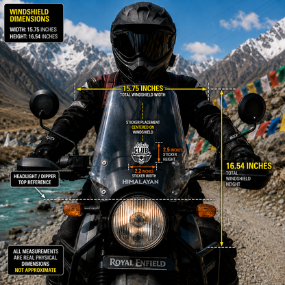 Moto Club Legendary sticker size and placement infographic showing 2.2 inch width and 2.5 inch height on 15.75 x 16.54 inch motorcycle windshield